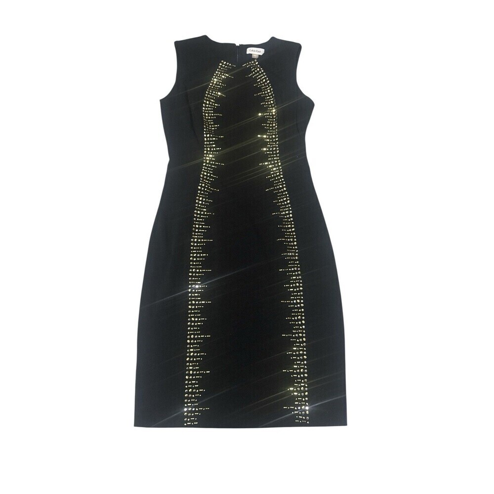 Calvin Klein Black Sheath Dress Gold Stud Embellished Scuba Cocktail Size 4